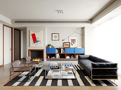 Modern Living Room Interior With Black Sofa Striped Rug Coffee Table And Wall Art 3d model