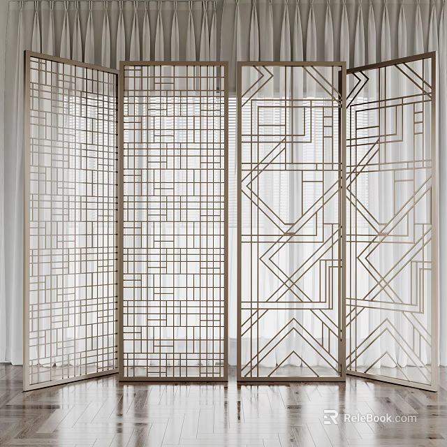 Elegant Modern Room Divider With Geometric Pattern And Metal Frame In Interior Space 3d model 