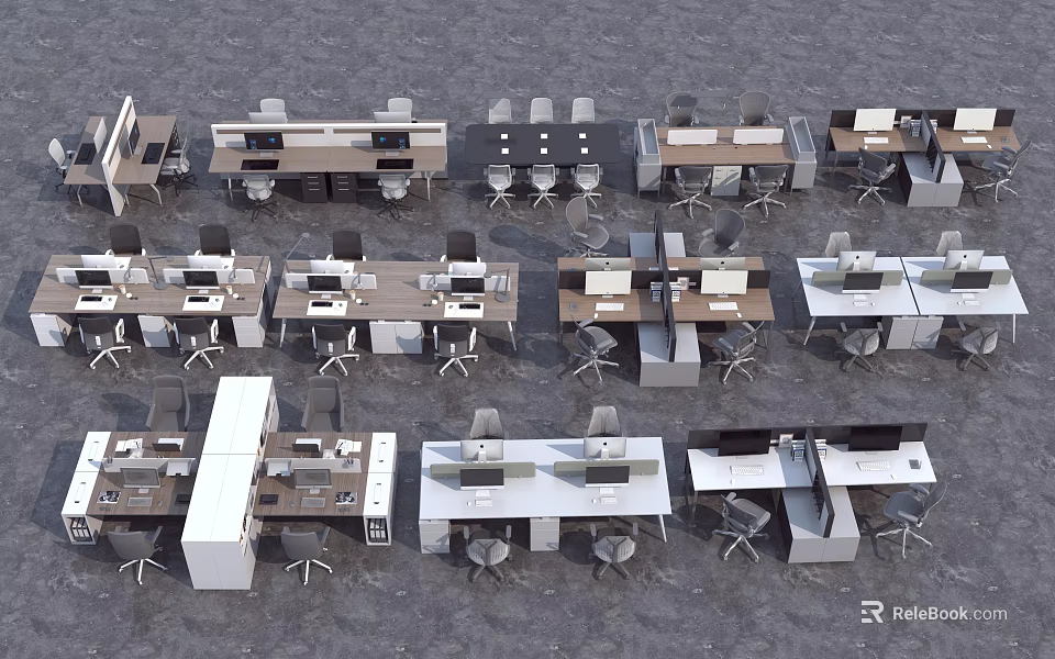 Modern Office Desks In Workspace Layout With Ergonomic Chairs And Storage Drawers 3d model 