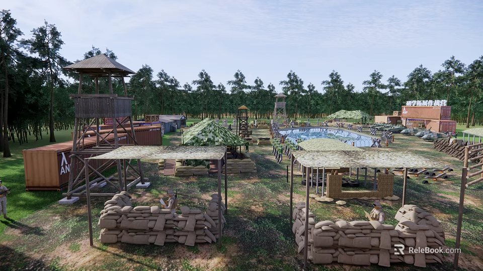Outdoor Military Training Camp With Sandbag Bunkers Wooden Watchtowers Tents And Pool Area 3d model 