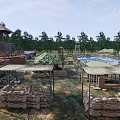 Outdoor Military Training Camp With Sandbag Bunkers Wooden Watchtowers Tents And Pool Area