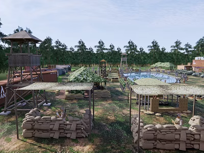 Outdoor Military Training Camp With Sandbag Bunkers Wooden Watchtowers Tents And Pool Area 3d model