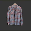 Plaid Long Sleeve Shirt With Blue Red Check Pattern Hanging On Wooden Hanger
