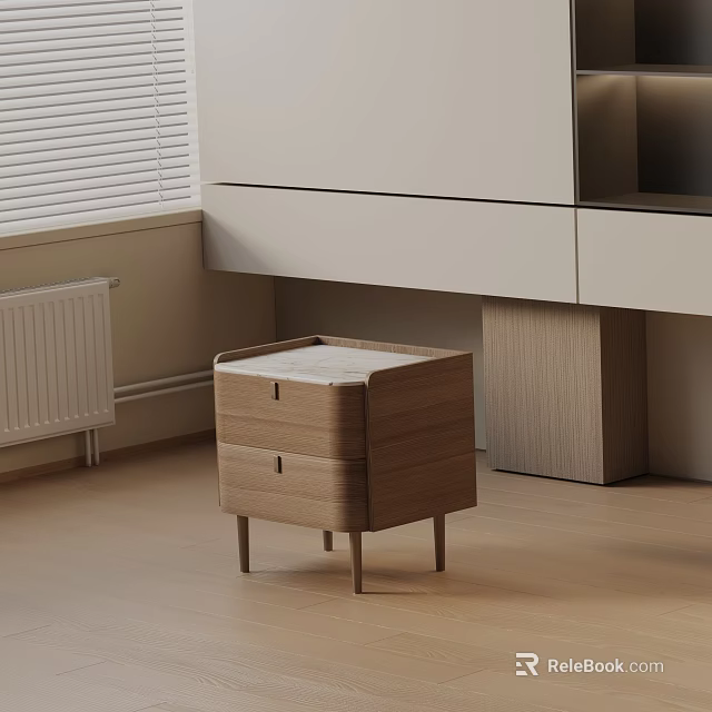 Modern Wooden Nightstand With Two Drawers And Marble Top In Minimalist Bedroom Interior 3d model 