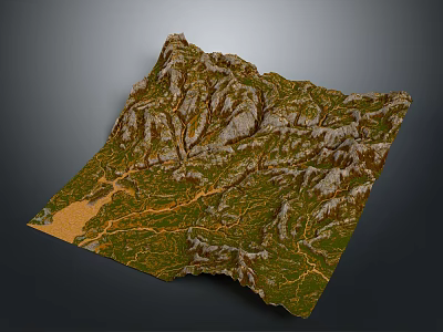 Detailed 3D Terrain Landscape with Mountain Ranges Green Vegetation Rivers and Sandy Areas 3d model
