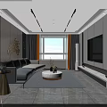 Modern Living Room Interior With Gray Sofa Round Coffee Table TV Wall And Orange Curtains