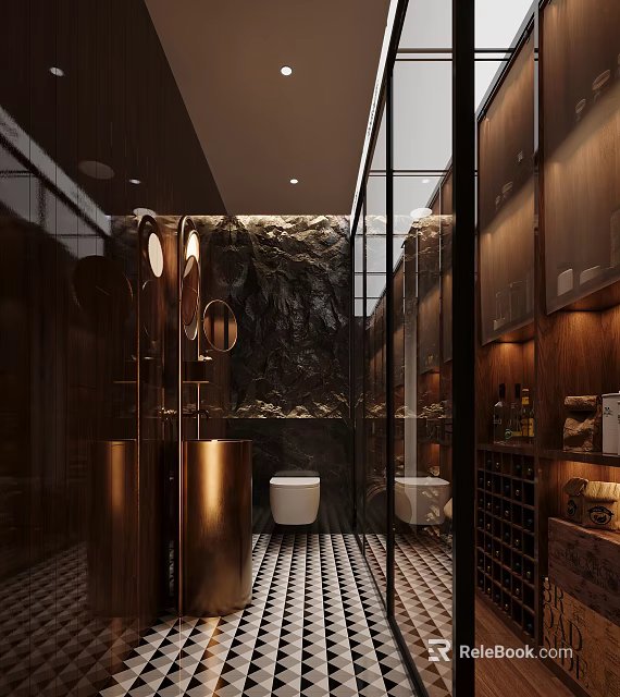 Modern Public Restroom Design With Wooden Elements Glass Partitions Stone Walls And Warm Lighting 3d model 