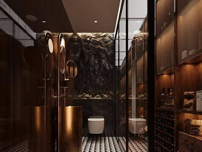 Modern Public Restroom Design With Wooden Elements Glass Partitions Stone Walls And Warm Lighting 3d model