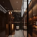 Modern Public Restroom Design With Wooden Elements Glass Partitions Stone Walls And Warm Lighting