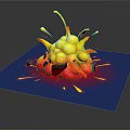 Cartoon Explosion Scene With Orange Red Spheres Yellow Splashing Fragments Red Glow On Blue Platform