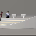 Modern Front Desk Reception With Curved White Design Two Computers And Red Rabbit Decoration 3d model