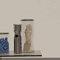 Glass Kitchen Containers with White Cubes Grains Spices on Light Shelf and Shade Light Shadows