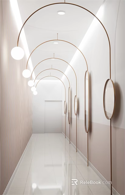 Modern Shopping Mall Lobby With Arched Design Circular Mirrors And Soft Lighting 3d model