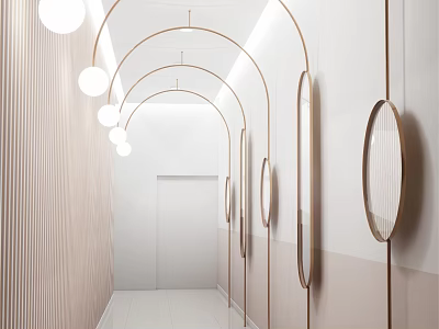 Modern Shopping Mall Lobby With Arched Design Circular Mirrors And Soft Lighting 3d model