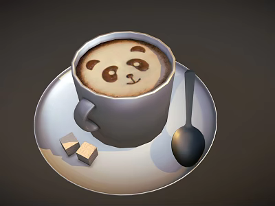 Cute Panda Face Latte Drink with Sugar Cubes Spoon on White Plate 3d model