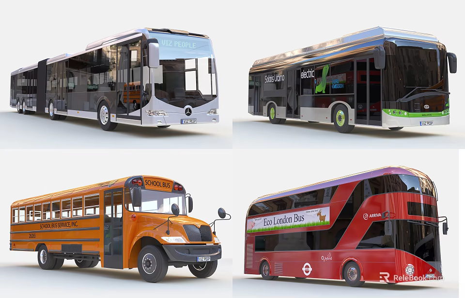 Various Types of Modern City Buses Including School Bus and Double Decker 3d model 