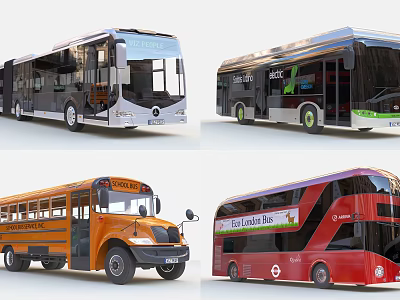 Various Types of Modern City Buses Including School Bus and Double Decker 3d model
