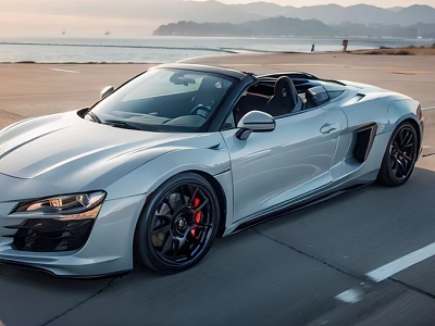 Silver Convertible Sports Car With Sleek Design On Coastal Road Ocean View Mountain Backdrop 3d model