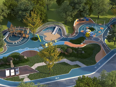 Outdoor Kids Playground Area With Slide Sandpit Colorful Flooring And Green Trees 3d model