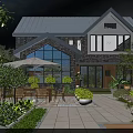 Stunning Courtyard Garden With Outdoor Dining Set Umbrella Stone Paving And Lush Green Plants