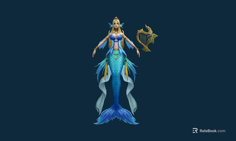 Beautiful Mermaid Character With Blue Tail Golden Harp And Elegant Outfit 3d model 
