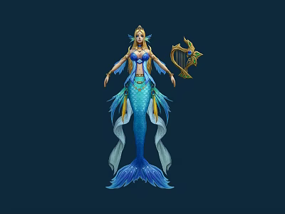Beautiful Mermaid Character With Blue Tail Golden Harp And Elegant Outfit 3d model
