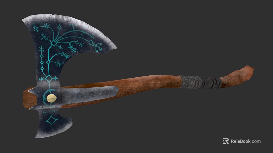 Ancient Viking Axe Weapon With Blue Runes Wooden Handle And Metal Head 3d model 