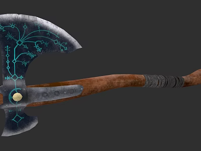 Ancient Viking Axe Weapon With Blue Runes Wooden Handle And Metal Head 3d model