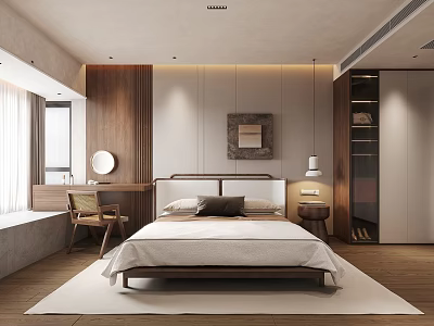 Modern Bedroom Interior With Wooden Headboard Wardrobe Dressing Table And White Rug 3d model