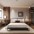 Modern Bedroom Interior With Wooden Headboard Wardrobe Dressing Table And White Rug