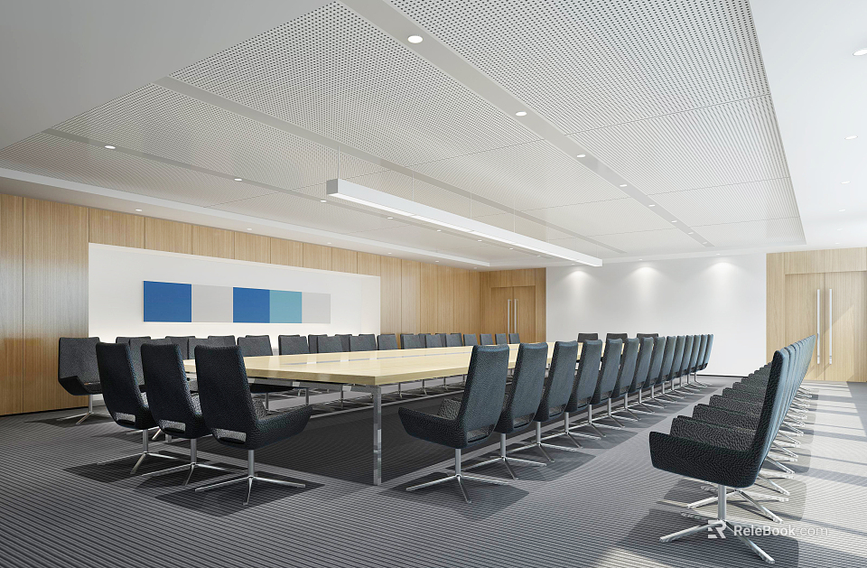 Modern Conference Room Interior Design With Long Table Black Chairs Wooden Walls Blue Artwork 3d model 