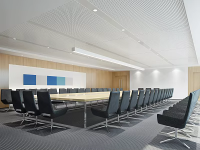 Modern Conference Room Interior Design With Long Table Black Chairs Wooden Walls Blue Artwork 3d model