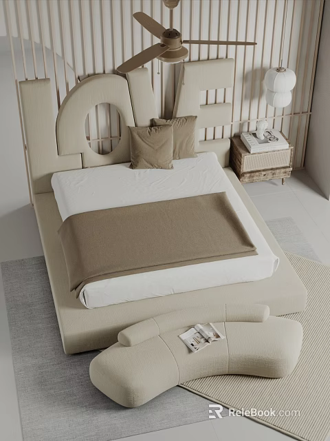 Modern Double Bed With Beige Headboard White Sheets Brown Blanket And Wooden Bedside Table 3d model 