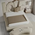 Modern Double Bed With Beige Headboard White Sheets Brown Blanket And Wooden Bedside Table