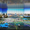 Urban Planning Model Exhibition With Large Glass Windows City Skyline Colored Floor Paths People Watching