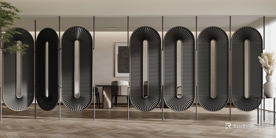 Modern Black Metal Room Divider Screen With Circular Geometric Patterns For Interior Space 3d model
