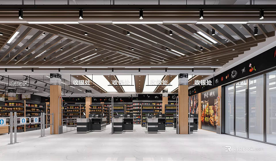 Modern Supermarket Interior With Spacious Layout Well Lit Shelves And General Merchandise 3d model 