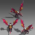 Mythical Purple Red Flying Dragons With Golden Decorations And Rider Seats On Back