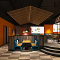 Modern Restaurant Interior With Wooden Tables Blue Chairs Hanging Lamps And Bamboo Decorations