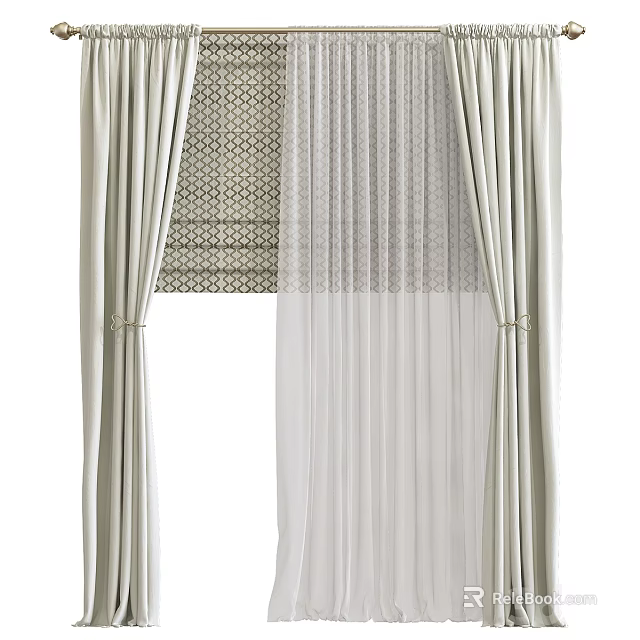 Elegant Modern Beige Curtains With Pleated Design And Sheer Voile Layers 3d model 