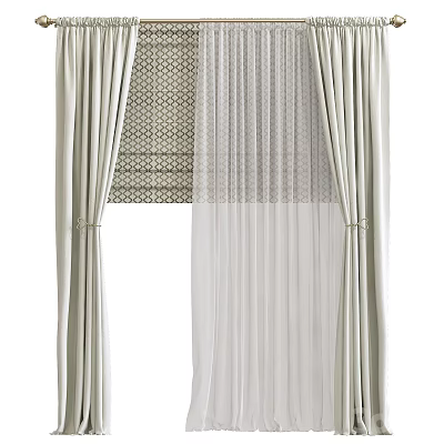 Elegant Modern Beige Curtains With Pleated Design And Sheer Voile Layers 3d model