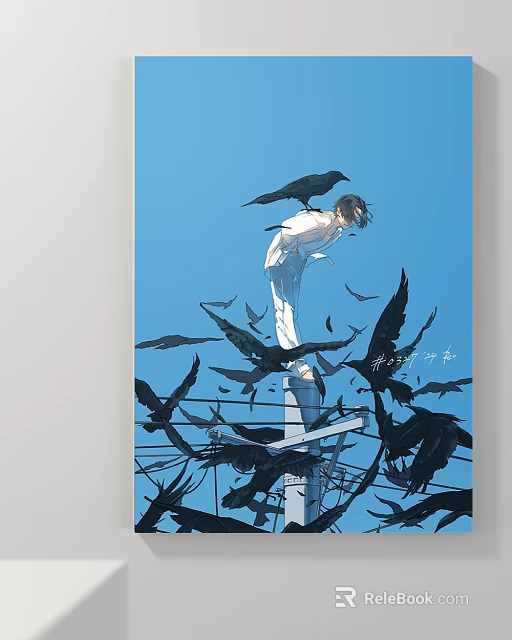 Abstract Painting Featuring White Clad Figure on Power Lines with Flying Crows and Blue Background 3d model 