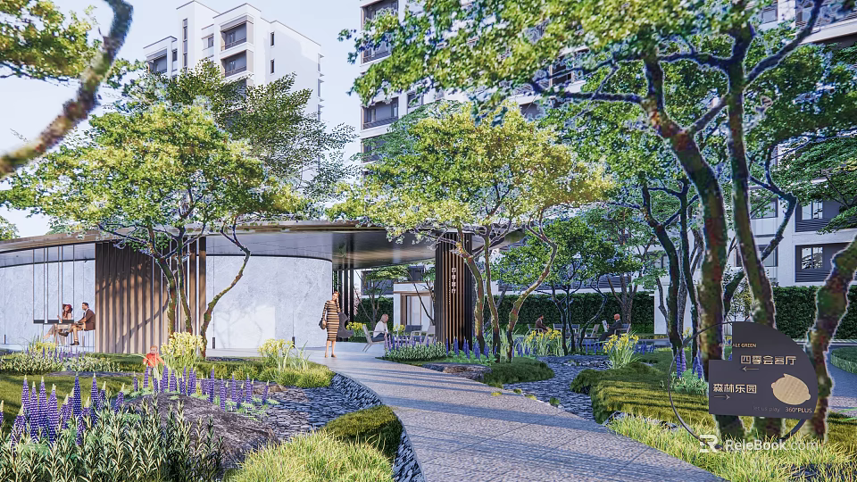 Modern Residential Landscape Design With Lush Green Trees Stone Pathway And Entryway 3d model 