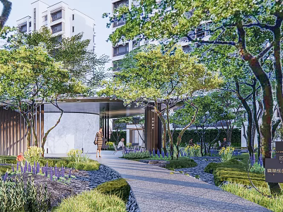 Modern Residential Landscape Design With Lush Green Trees Stone Pathway And Entryway 3d model