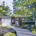 Modern Residential Landscape Design With Lush Green Trees Stone Pathway And Entryway