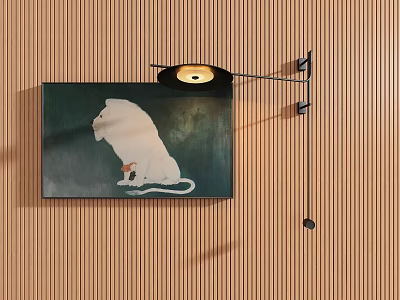 Modern Wall Lamp With Black Bracket And Round Lampshade On Wooden Slat Wall 3d model