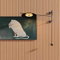 Modern Wall Lamp With Black Bracket And Round Lampshade On Wooden Slat Wall