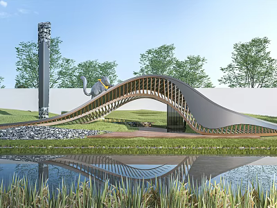 Modern Curved Entrance Gate With Water Feature And Landscaping 3d model