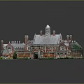 Cartoon Style Grand Building Scene With Red Brick Towers Spires Courtyard Green Lawns And Gate