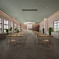 Bright School Classroom Featuring Neatly Arranged White Tables Chairs Potted Plants And Windows